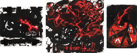 ter Hell · <strong>Germany + U</strong> · 2009 · triptych · 145 x 160 / 200 x 230 / 160 x 110 cm · acrylic, spray on canvas + collage