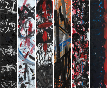 ter Hell · <strong>Steles</strong> · 2013 · 6-part · each 180 x 35 cm · acrylic, spray on canvas